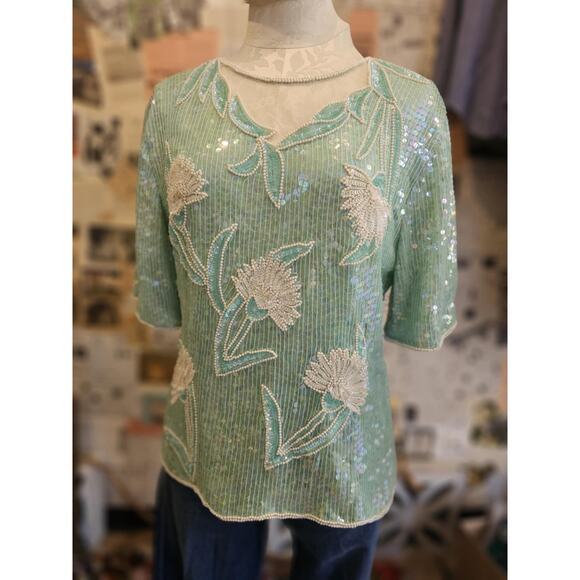 Vintage Stenay Silk Top w/ Sequin Flowers Size Lrg - Picture 1 of 5
